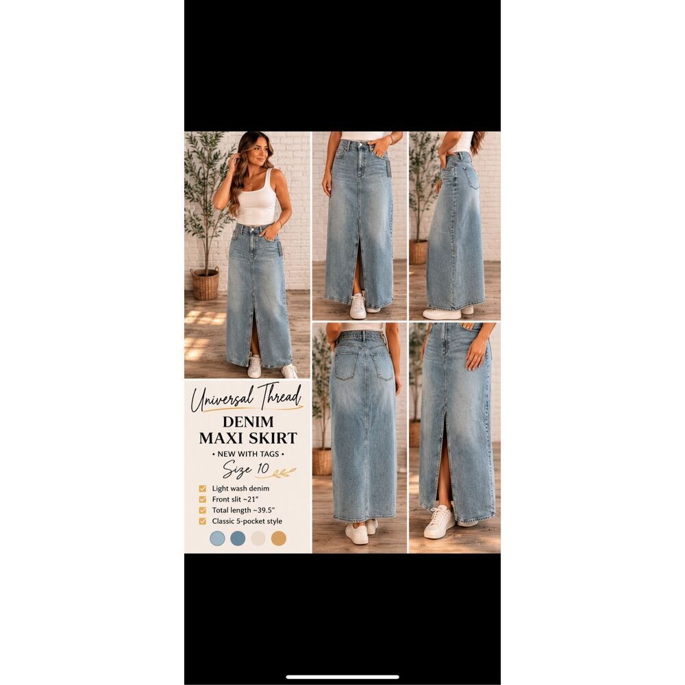 Universal Thread Denim Maxi Skirt NWT Size 10 Front Slit Light Wash